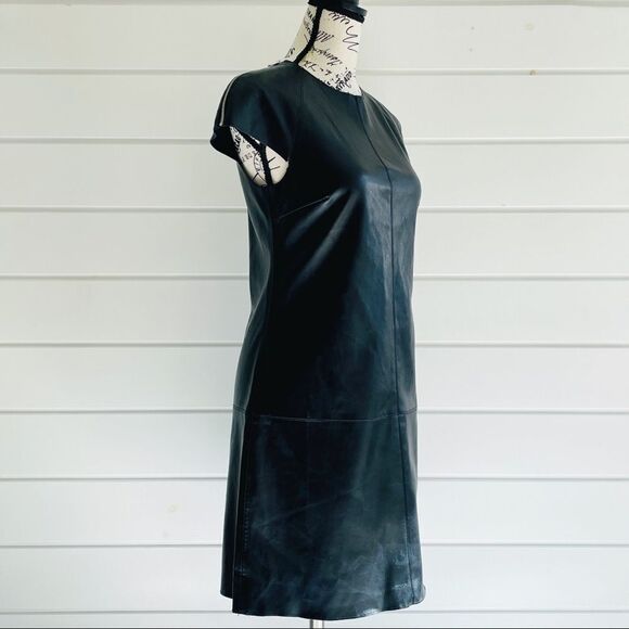 Zara Black Faux Leather Short Zipper Detail Sleeve Shift Dress Size XS - Picture 5 of 9